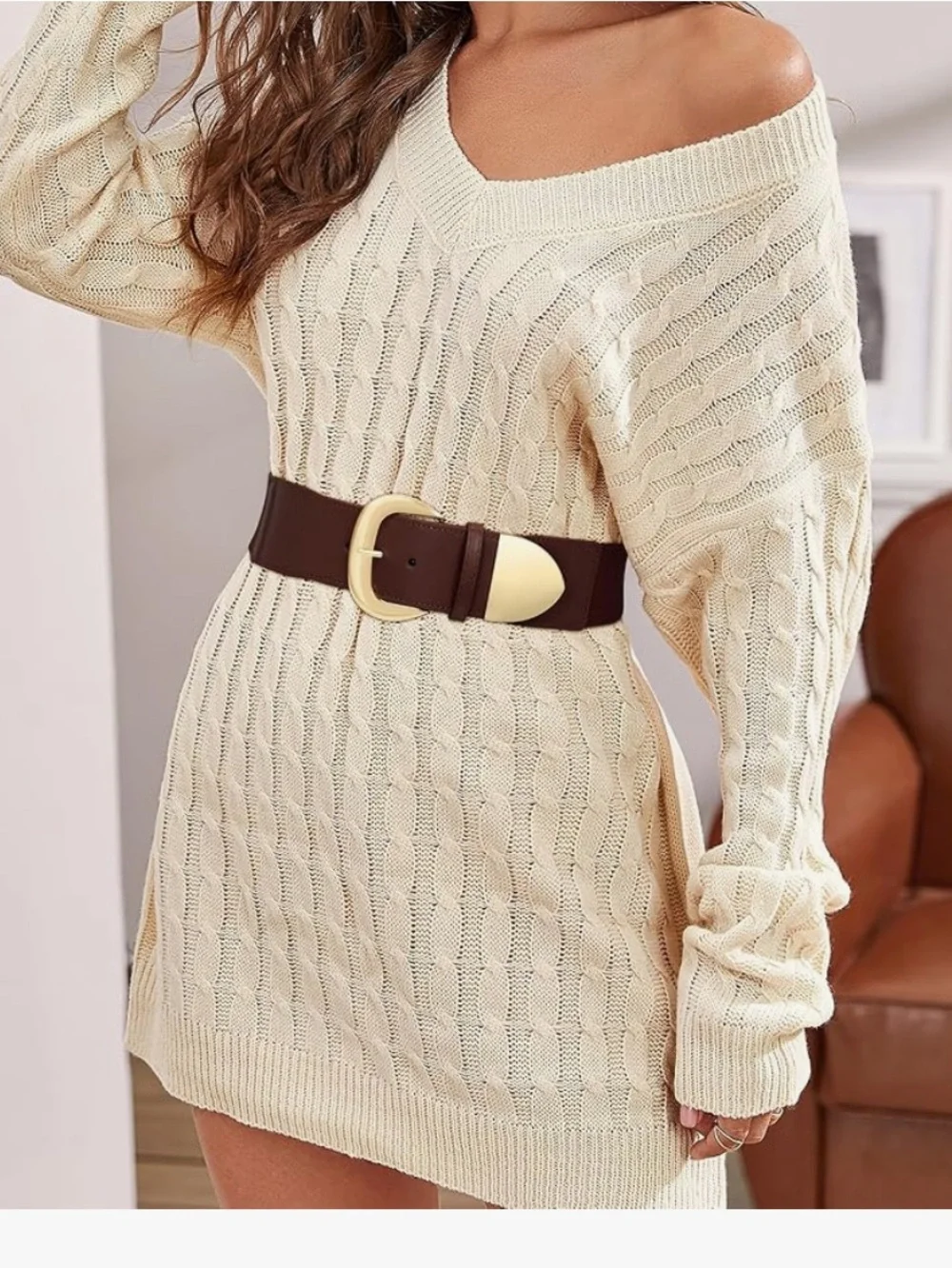 Women’s Wide Brown Leather Elastic Belt with Gold Buckle